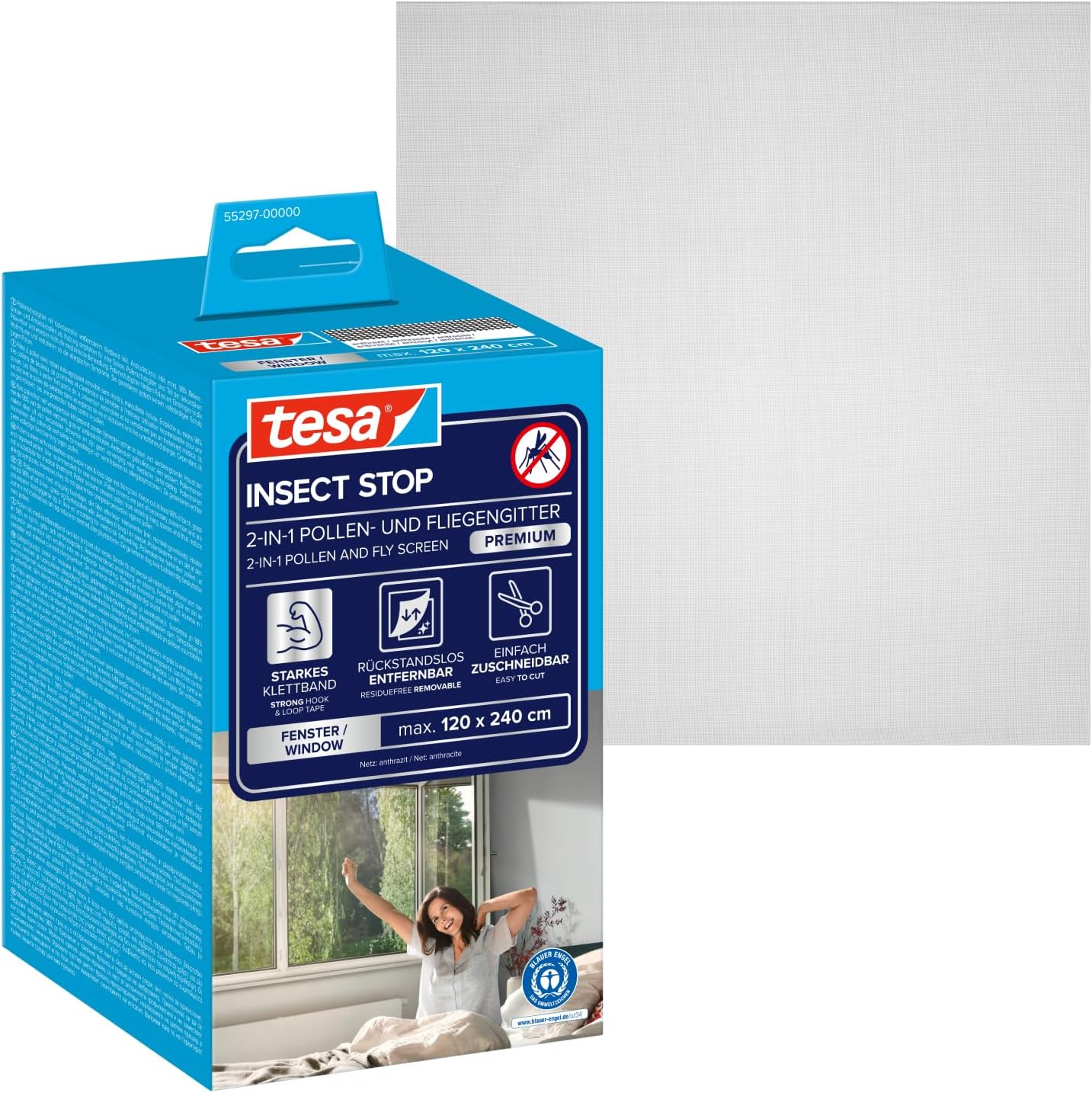 Tesa INSECT STOP 2-in-1 Pollen And Fly Screen Premium - Transparent Pollen Protector Cut To Size For Allergy Sufferers - Including Self-adhesive Strip - Anthracite - 150 Cm X 180 Cm