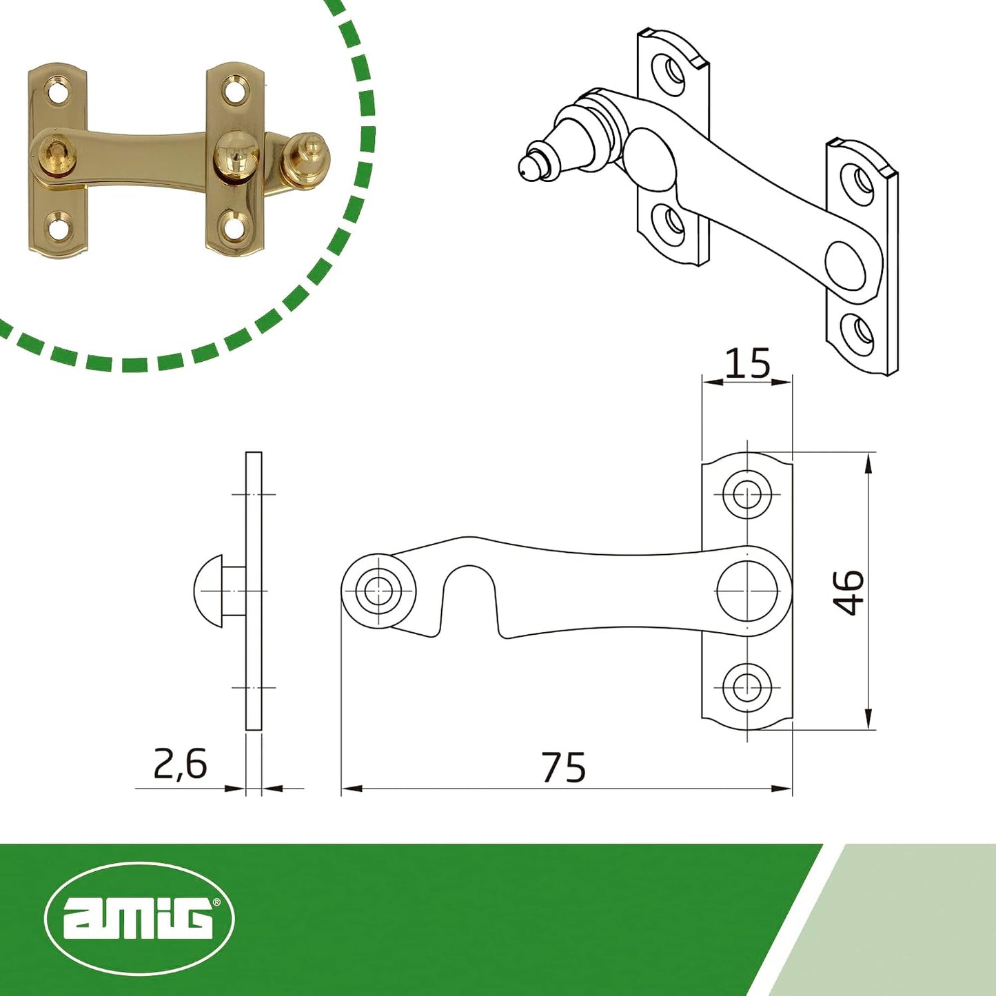  Amig - Golden Latch For Shutters With Reverse Hook Mod. 3 | 75 X 46 Mm | Polished Brass | Anti-Impact And Breakage Security Closure For Windows | Includes Screws