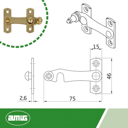  Amig - Golden Latch For Shutters With Reverse Hook Mod. 3 | 75 X 46 Mm | Polished Brass | Anti-Impact And Breakage Security Closure For Windows | Includes Screws