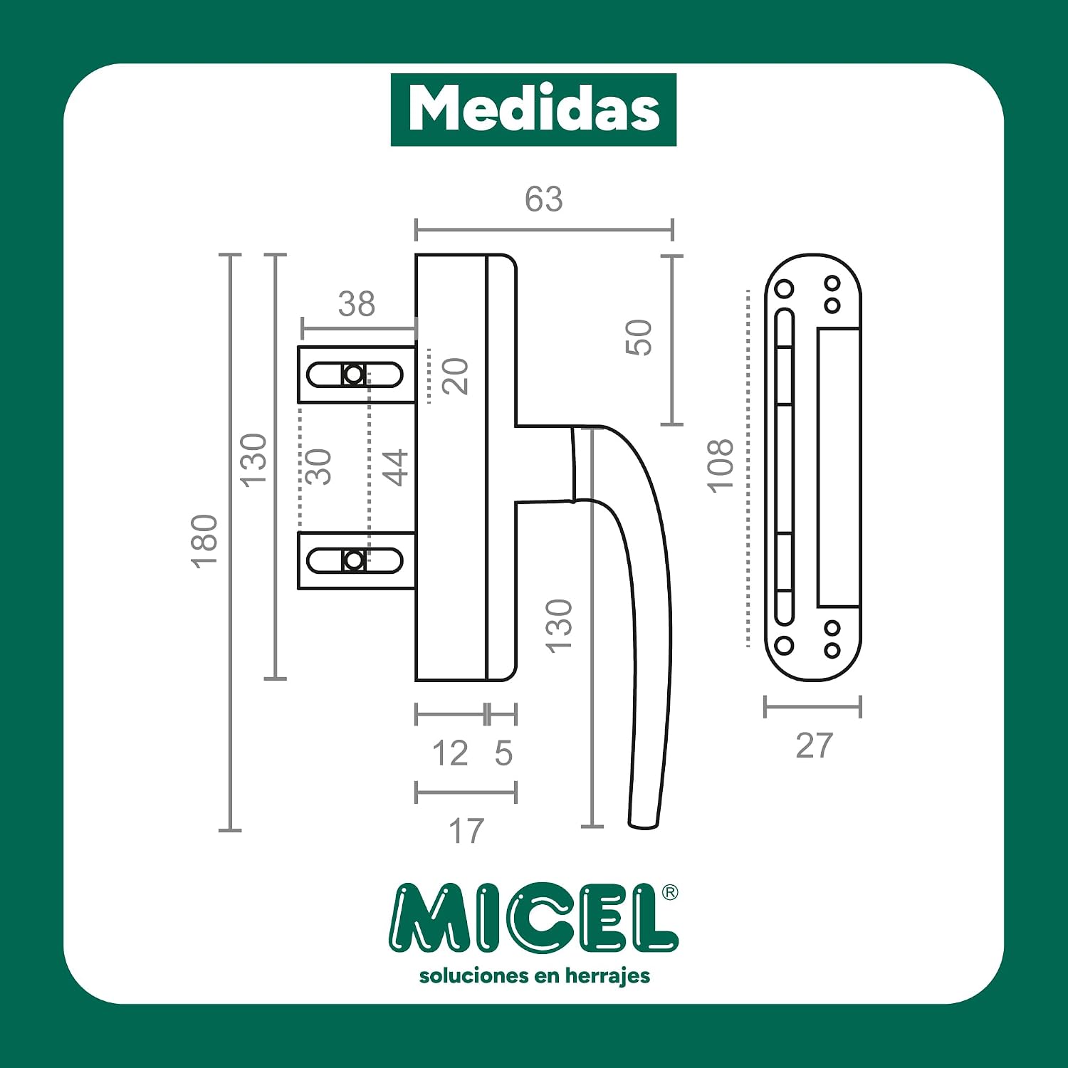  MICEL - 92700 - Cremona For Mallorcan Windows With External Opening, Reversible, Aluminium, Black Finish, 2 Shovels, 63 X 180 X 27 Mm