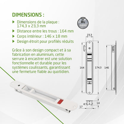  Amig - Recessed Lock For Aluminium Windows And Sliding Doors - Recessed Hook Lock - Dimensions: 174 X 23 Mm - Colour White - Rounded Edge - Installation With Screws