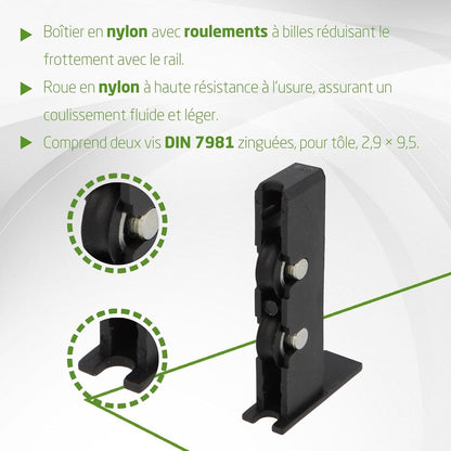  Amig - Roulement De Fenêtre | 2 Unités | 56x14mm | 2 Roues | Boîtier En Nylon Avec Roulements à Billes | Pour Fenêtres Coulissantes | Nylon Noir