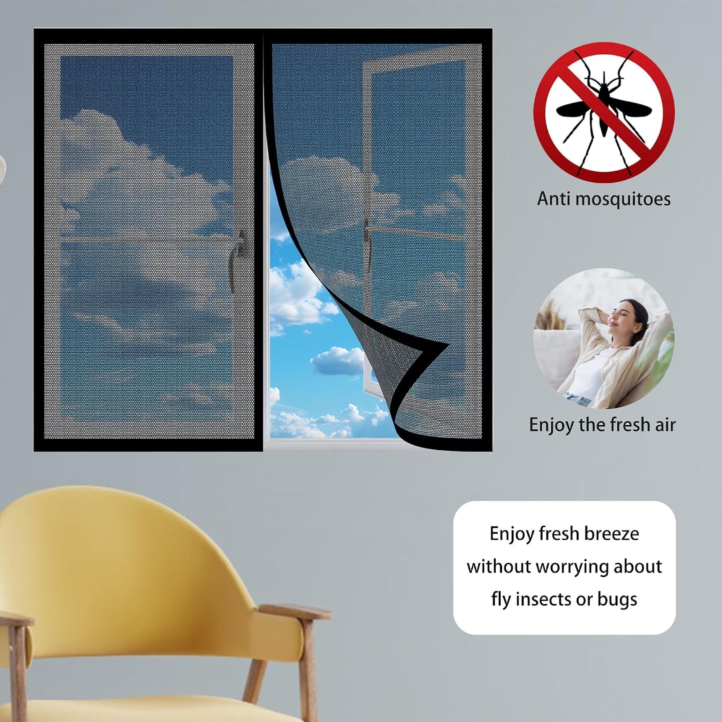  Magnetic Door Or Window Mosquito Net 86 X 113 Cm Self-Adhesive Mesh Curtain With Automatic Closing No Drilling For Corridors Windows Patio, Black
