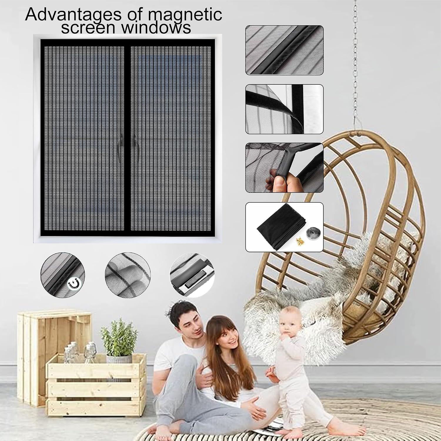  Magnetic Mosquito Net For Windows, 117 X 111 Cm, Magnetic Adsorption For Living Room, Window, Balcony, Black